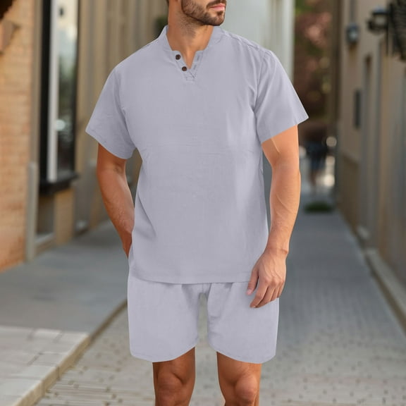 Handshe Men's Summer Solid Color Casual V - Neck Short - Sleeved & Shorts Set with Button Pockets