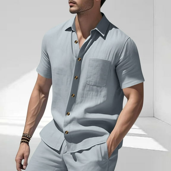 Handshe Men's Summer Solid Color Short Sleeved Lapel Button Cardigan Pocket Fashionable Blouse Shirt