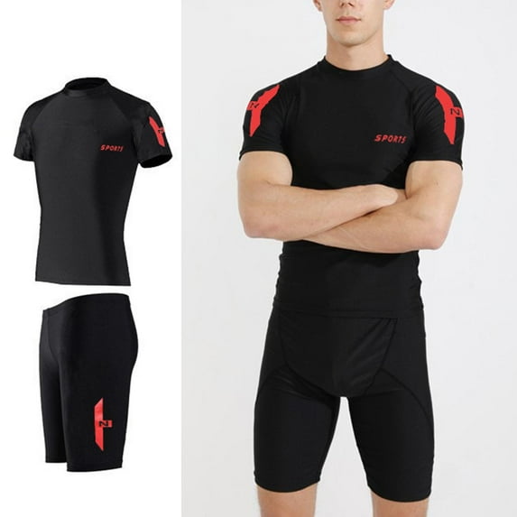 Handshe Men's Summer Swimsuit Set - Short - Sleeved Quick - Dry Top & Five - Point Pants, Athletic Swimwear for Outdoor & Fitness