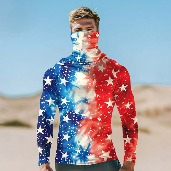 Handshe Men's Sun Protective Hoodie, Summer Print Lightweight Breathable UPF 50+ Sun Protection Jacket with Face Mask Sleeves for Hiking Outdoor Activities,Plus Size