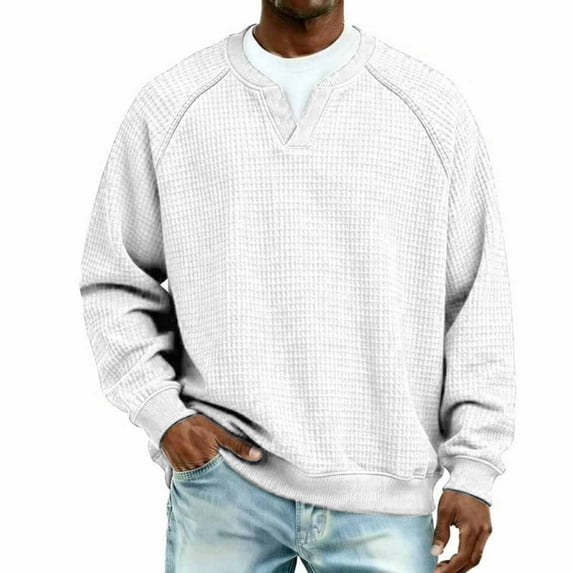 Handshe Men's Sweatshirt, Long Sleeve V-Neck Raglan Sleeve Solid Color Waffle Knit Breathable Cotton for Casual Fashion and Daily Wear