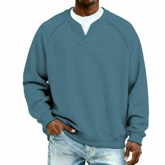Handshe Men's Sweatshirt, Long Sleeve V-Neck Raglan Sleeve Solid Color Waffle Knit Breathable Cotton for Casual Fashion and Daily Wear