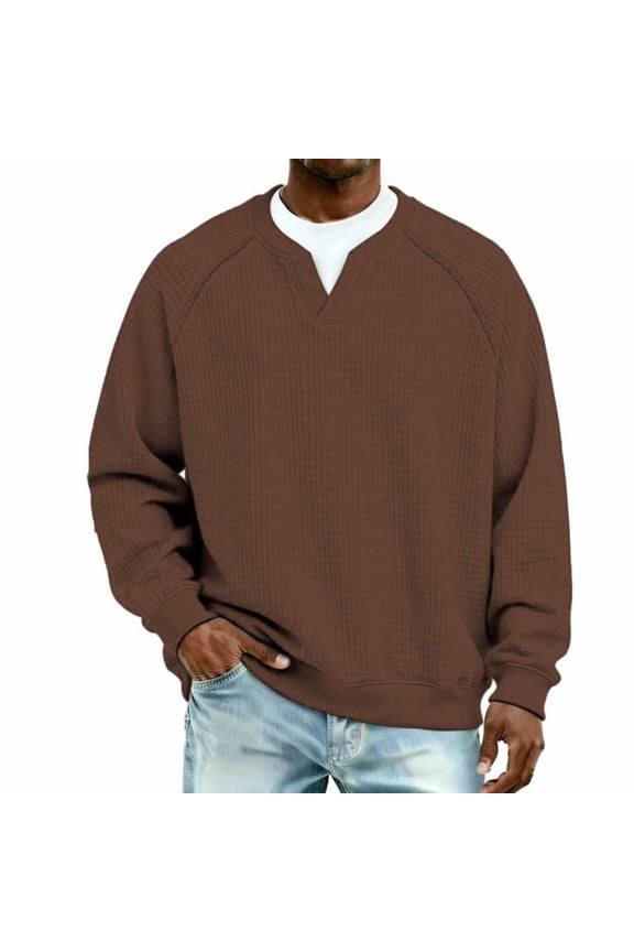 Men's Sweatshirt, Long Sleeve V-Neck Raglan Sleeve Solid Color Waffle Knit Breathable Cotton for Casual Fashion and Daily Wear
