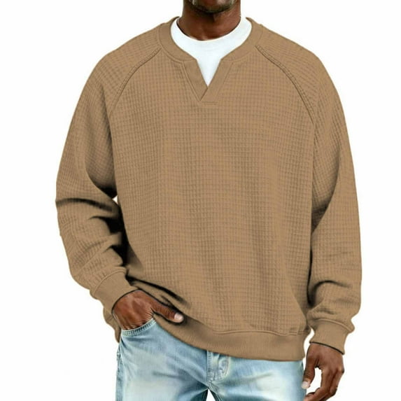 Handshe Men's Sweatshirt, Long Sleeve V-Neck Raglan Sleeve Solid Color Waffle Knit Breathable Cotton for Casual Fashion and Daily Wear
