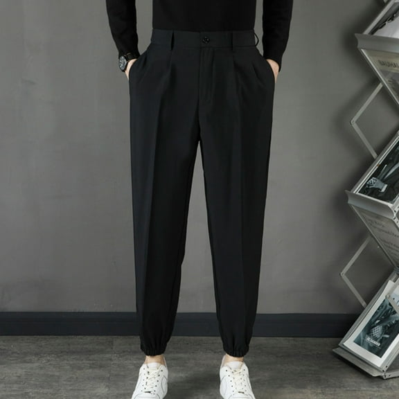 Handshe Men's Tailored Slim-Fit Suit Pants with Solid Color Drapery Pockets and Button Closure, Versatile Cuffed Hem Office Dress Trousers,Plus Size