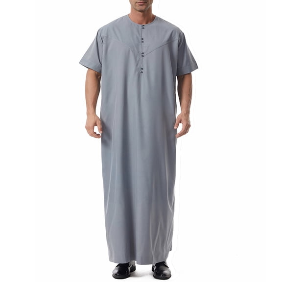 Handshe Men's Thobe, Solid Color with Pockets and Button Closure, Short Sleeve Round Neck for Daily Wear and Islamic Wears
