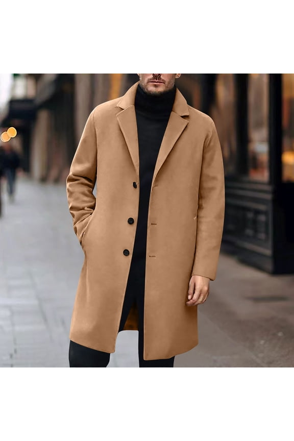 Men's Trench Coat, Solid Color Mid-Length with Long Sleeve, Classic Style Notched Lapel and Button Closure Pockets for Autumn Daily Wear and Commuting