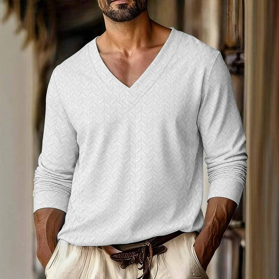 Handshe Men's V-Neck Pullover Shirt, Solid Color with Drop Shoulder Sleeves, Comfortable Long Sleeve Sports Apparel for Daily and Outdoor Use