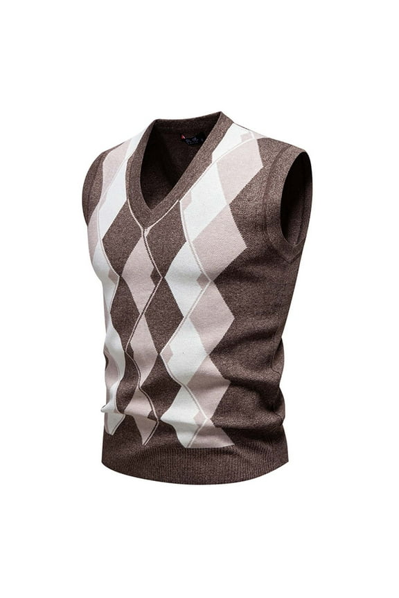 Men's V-Neck Sleeveless Knit Sweater Vest British Preppy Style Printed Vintage Argyle Elastic 2025 Fall Casual