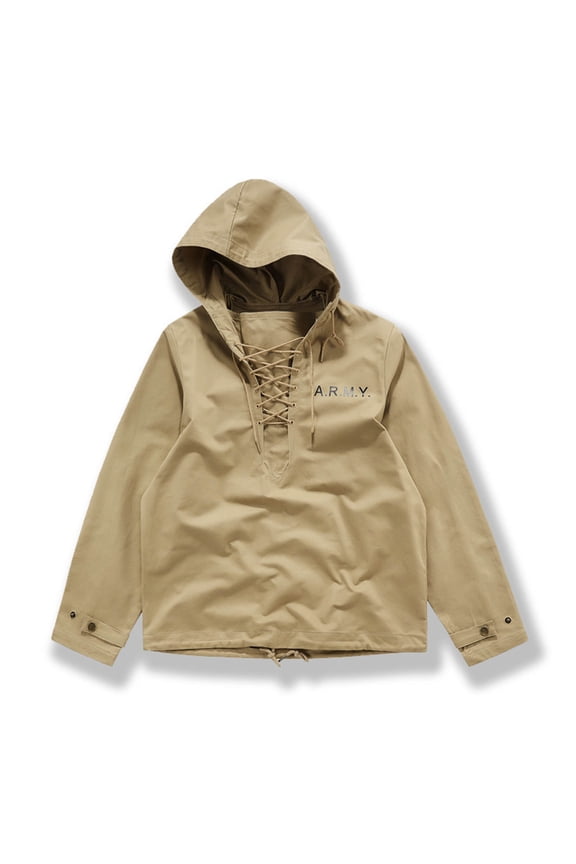 Men's Vintage Deck Jacket, Solid Color Drawstring Hooded Windbreaker, Long Sleeve Water-Resistant Outerwear for Outdoor Work and Casual Wear