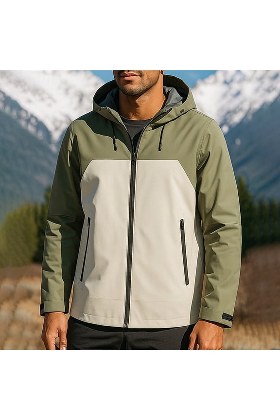 Men's Windbreaker Jacket, Solid Color with Outdoor Zipper Pockets, Wind-Resistant & Water-Repellent Long Sleeve Hooded Coat for Hiking and Daily Wear