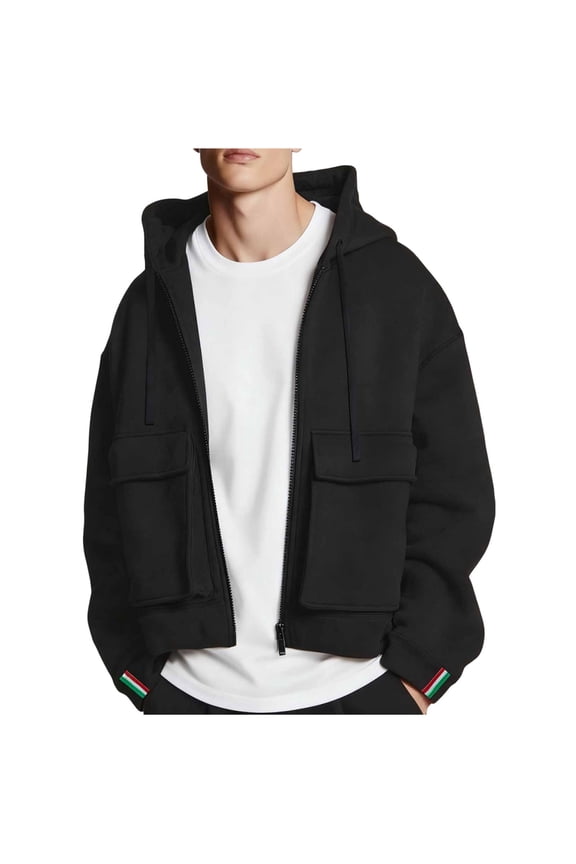 Men's Winter Fleece-Lined Hooded Jacket with Large Pockets, Warm for Casual and Outdoor Wear