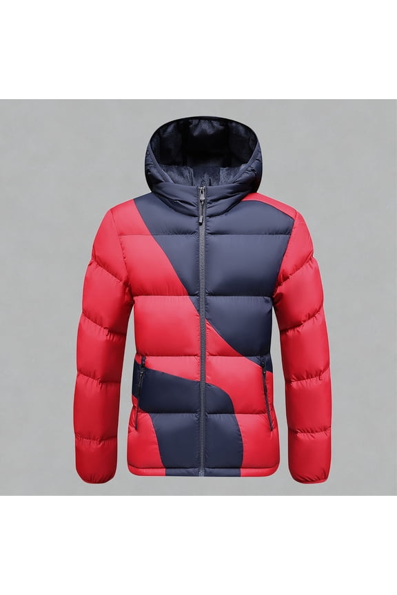 Men's Winter Parka, Hooded Thermal Cotton Coat with Pure Zipper Pockets, Slim Fit Ribbed Color Blocking for Cold Weather, Daily Wear and Outdoor Activities