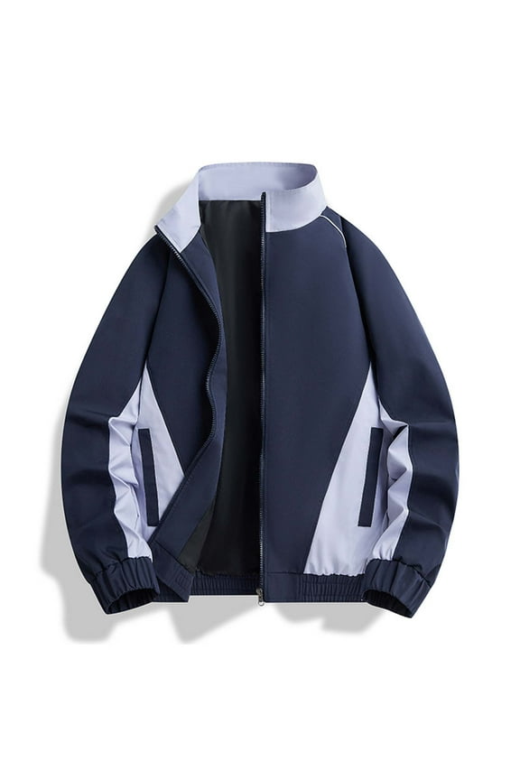 Men's Women's Color-Block Baseball Jacket, Windproof Stand Collar Outdoor Athletic Coat with Inner Pockets, Long Sleeve Casual No Hood Jacket for Hiking, Camping, Daily Wear,Plus Size