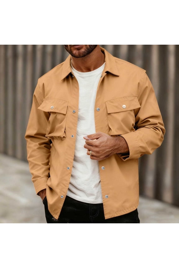Men's Work Jacket, Solid Color Long Sleeve Lapel Collar with Multiple Pockets, Button Front Casual Outerwear for Daily Wear