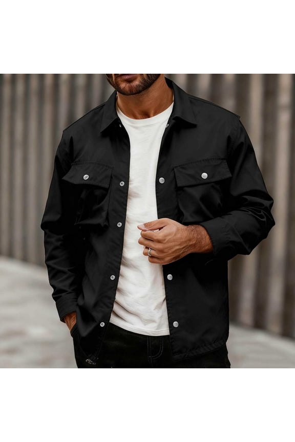 Men's Work Jacket, Solid Color Long Sleeve Lapel Collar with Multiple Pockets, Button Front Casual Outerwear for Daily Wear