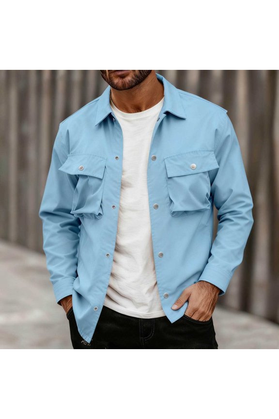 Men's Work Jacket, Solid Color Long Sleeve Lapel Collar with Multiple Pockets, Button Front Casual Outerwear for Daily Wear