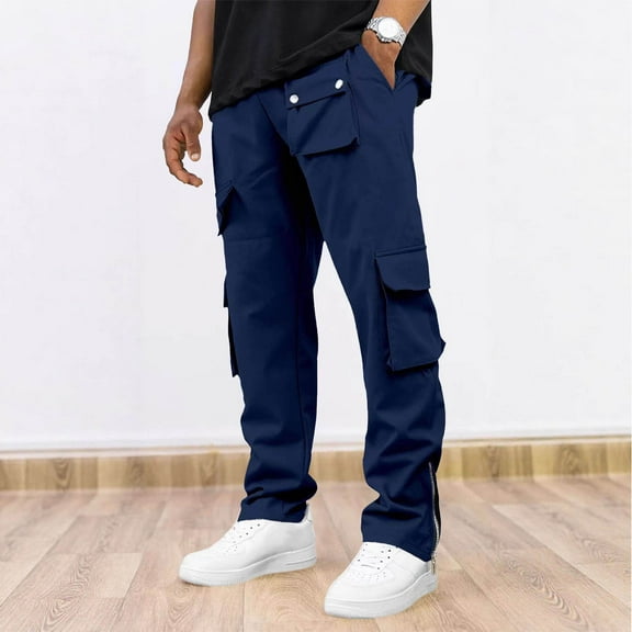 Handshe Men's Work Pants, Solid Color Elastic Drawstring Waist with Zipper Cuffs and Multi-Pocket Design, Durable Utility Cargo Pants for Outdoor Activities and Daily Wear