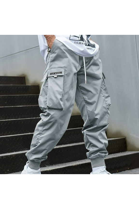 Men's Work Pants with Elastic Waist, Drawstring Pockets and Cuffed Ankle - Casual Utility Sweatpants