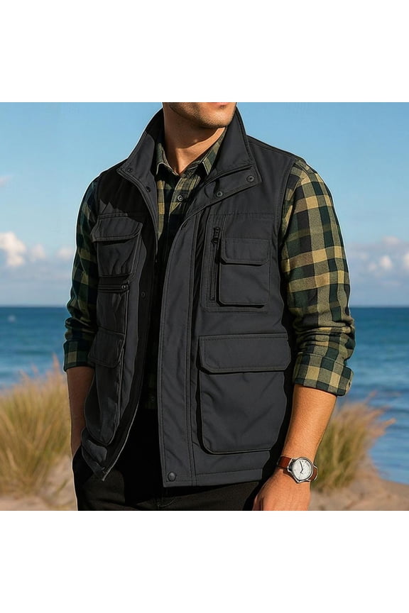 Men's Work Vest, Fleece-Lined Interior with Inner Pocket and Multi-Pocket Design, Solid Color Outdoor Photography Gear for Hiking and Casual Activities
