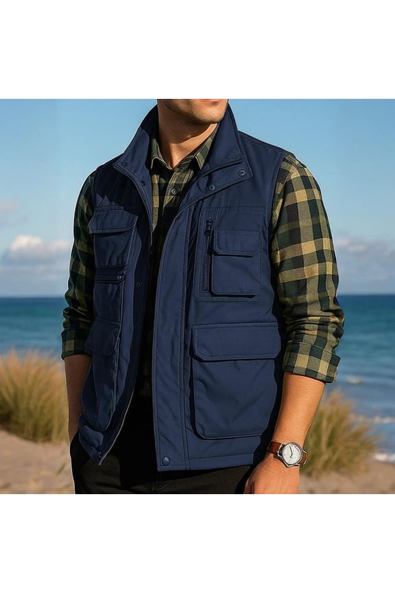 Men's Work Vest, Fleece-Lined Interior with Inner Pocket and Multi-Pocket Design, Solid Color Outdoor Photography Gear for Hiking and Casual Activities