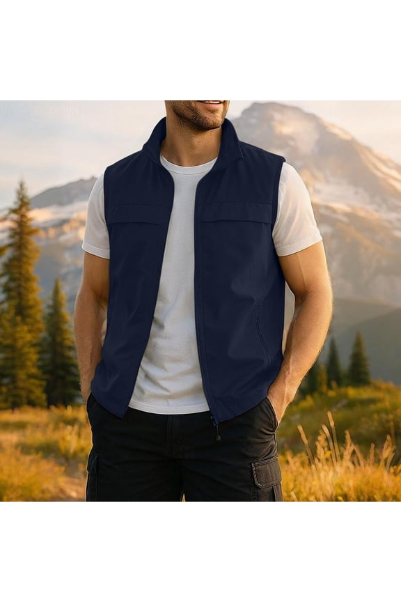 Men's Work Vest, Solid Color with Mesh Lining and Inner Pockets, Sleeveless Multi-Pocket Outdoor Photography Vest for Hiking and Travel