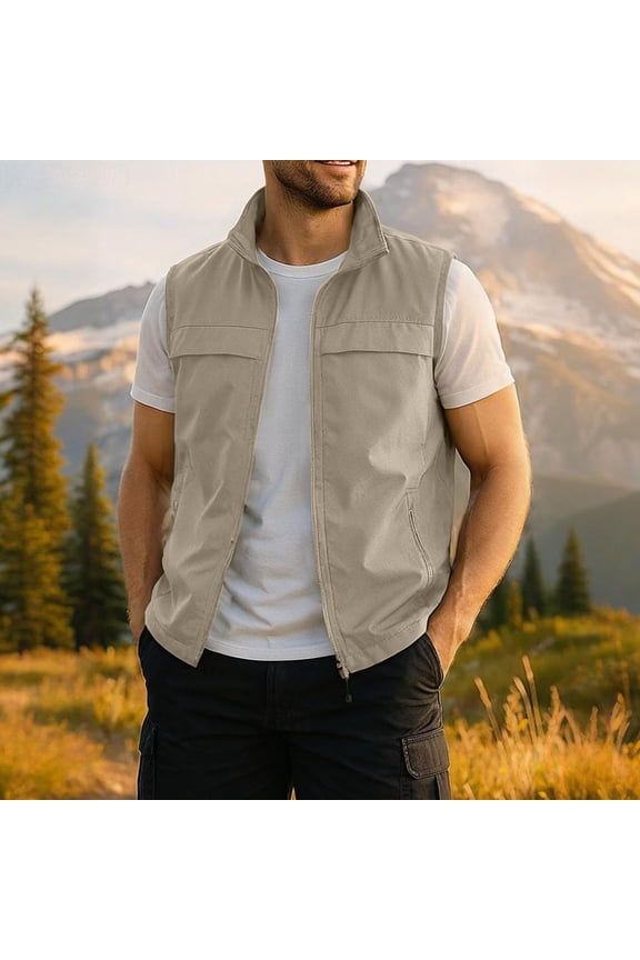 Men's Work Vest, Solid Color with Mesh Lining and Inner Pockets, Sleeveless Multi-Pocket Outdoor Photography Vest for Hiking and Travel