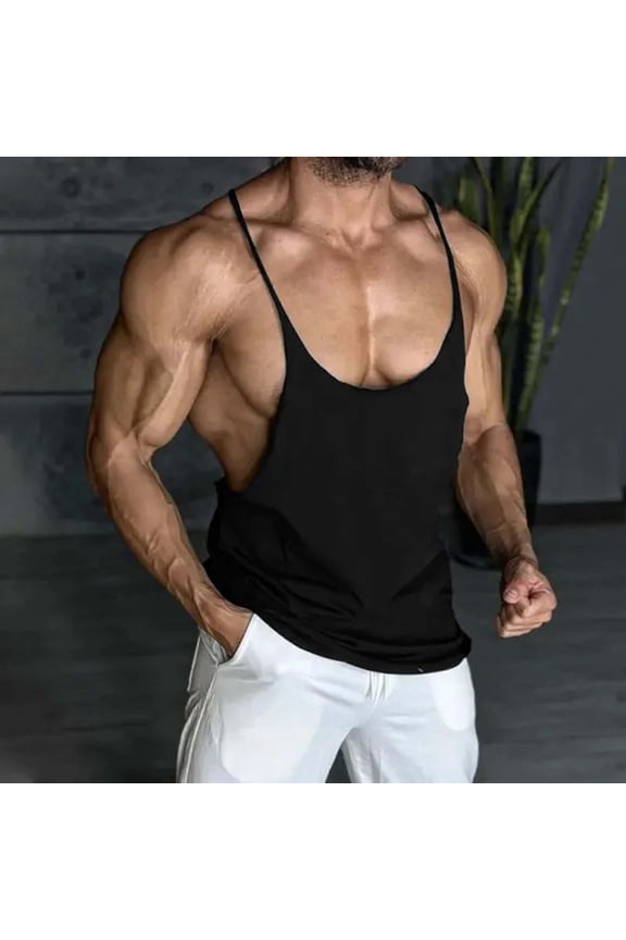 Men's Workout Tank Top, Solid Color with Double Thin Straps and Deep U-Neck, Sleeveless Shirt for Gym and Everyday Use