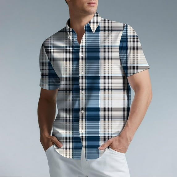 Handshe Mens Button Up Shirts Short Sleeve Plaid Printed Lapel Dress Shirt Vintage Classic Bowling T-Shirts