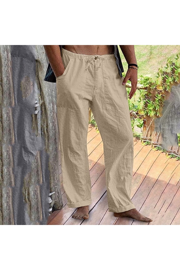 Mens Casual Pants, Solid Color Fashion Design with Pocket, Cotton Linen Blend Fabric for Daily Wear and Outdoor Activities