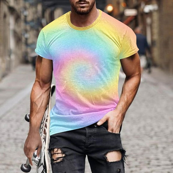 Handshe Mens Crew Neck T Shirts - Lightweight Short Sleeve Fresh Fashion Print Hipster T-shirt Tie-dye
