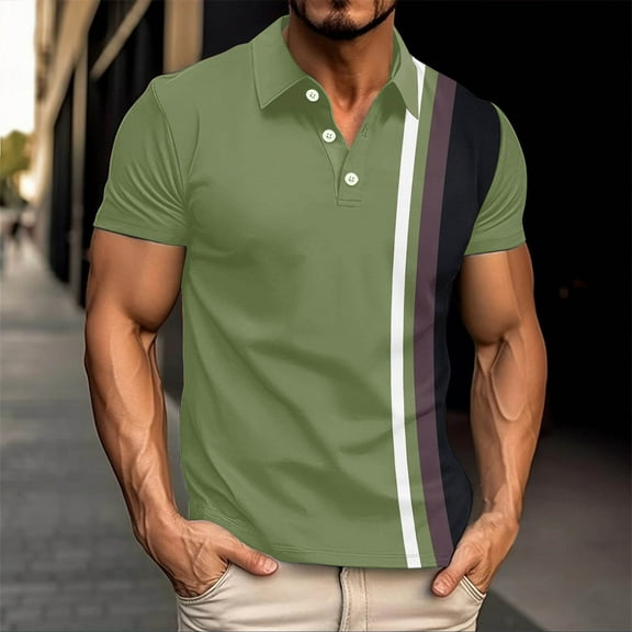 Handshe Mens T-Shirts Short Sleeve Button Casual Stylish Basic Tees Work Striped Shirts Henley Summer Lightweight Stretch Top