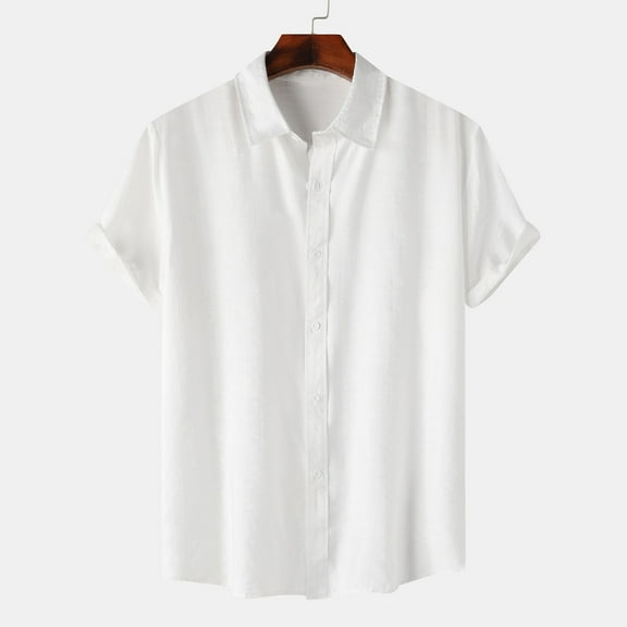 Handshe Short Sleeve Shirts for Men Summer Casual Button Down V Neck Tops Collared Solid Beach Blouses