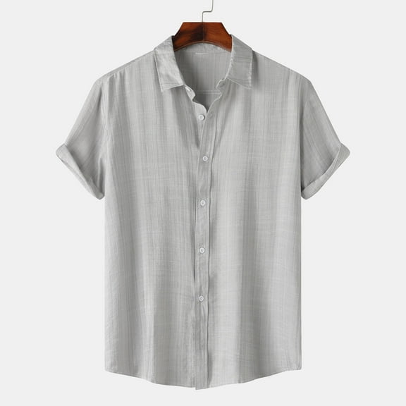 Handshe Short Sleeve Shirts for Men Summer Casual Button Down V Neck Tops Collared Solid Beach Blouses