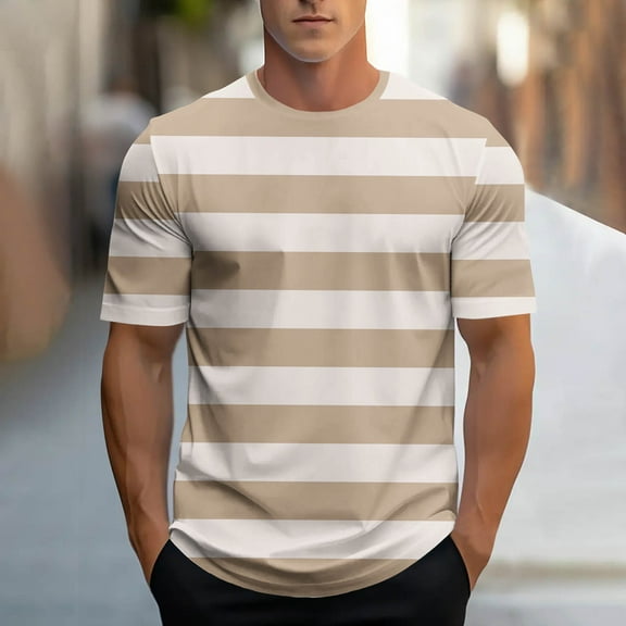 Handshe Striped Shirt Men Short Sleeve Crewneck Loose Fit Summer Casual Shirt Classic Stylish Trendy Basic Graphic Tees