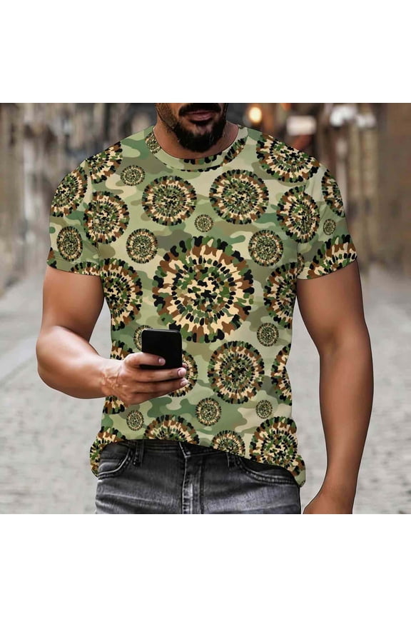 Unisex Camouflage Round Neck Short Sleeve T-Shirt with Printed Pattern, Cotton Casual Top for Everyday Wear and Outdoor Activities