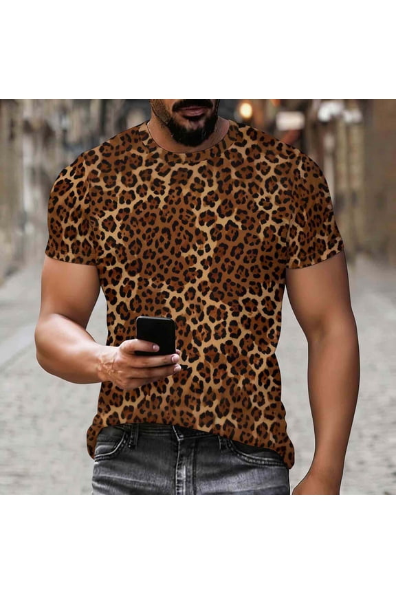 Unisex Leopard Print Round Neck Short Sleeve T-shirt, Graphic Print Cotton Top for Casual Everyday Wear