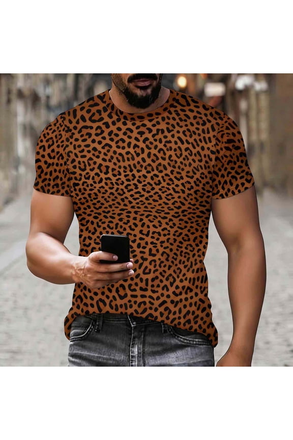 Unisex Leopard Print T-shirt, Round Neck Short Sleeve with Print Pattern, Cotton Casual Top for Daily Wear