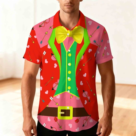 Handshe Unisex Short Sleeve Button-Down Shirt, Valentine's Heart Print, Casual Button-Up Top for Everyday Wear and Dating