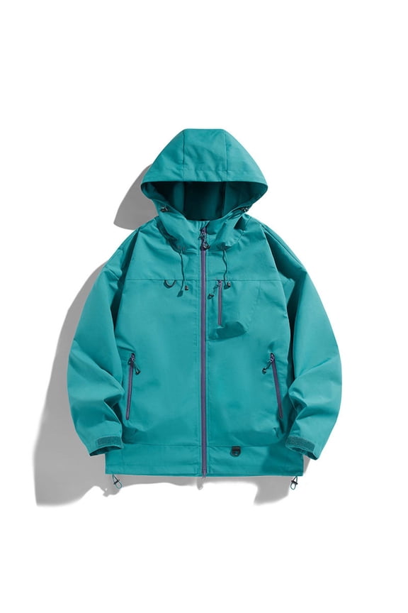 Unisex Solid Windproof Water-Resistant Hooded Jacket, Long Sleeve Casual Outdoor Coat with Full-Zip Pockets, Adjustable Drawstring Hood for Hiking Camping Mountaineering Outdoor Adventures