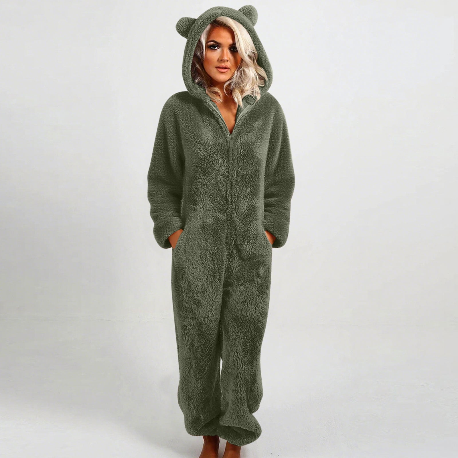 Handshe Womens Fleece Onesies Pajamas Jumpsuit Warm Sherpa Romper Sleepwear One Piece Zipper Hooded Playsuit Loungewear