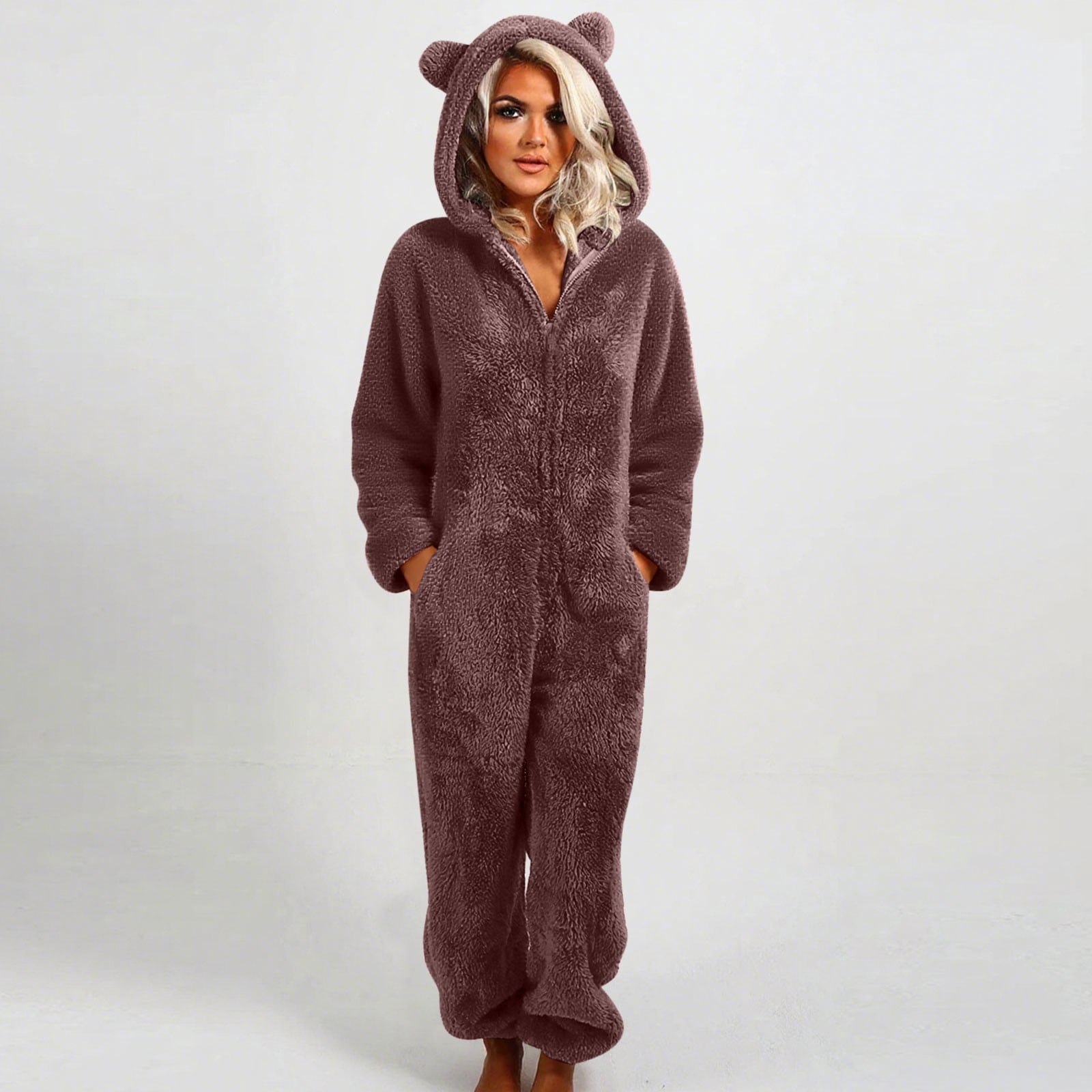 Handshe Womens Fleece Onesies Pajamas Jumpsuit Warm Sherpa Romper Sleepwear One Piece Zipper Hooded Playsuit Loungewear