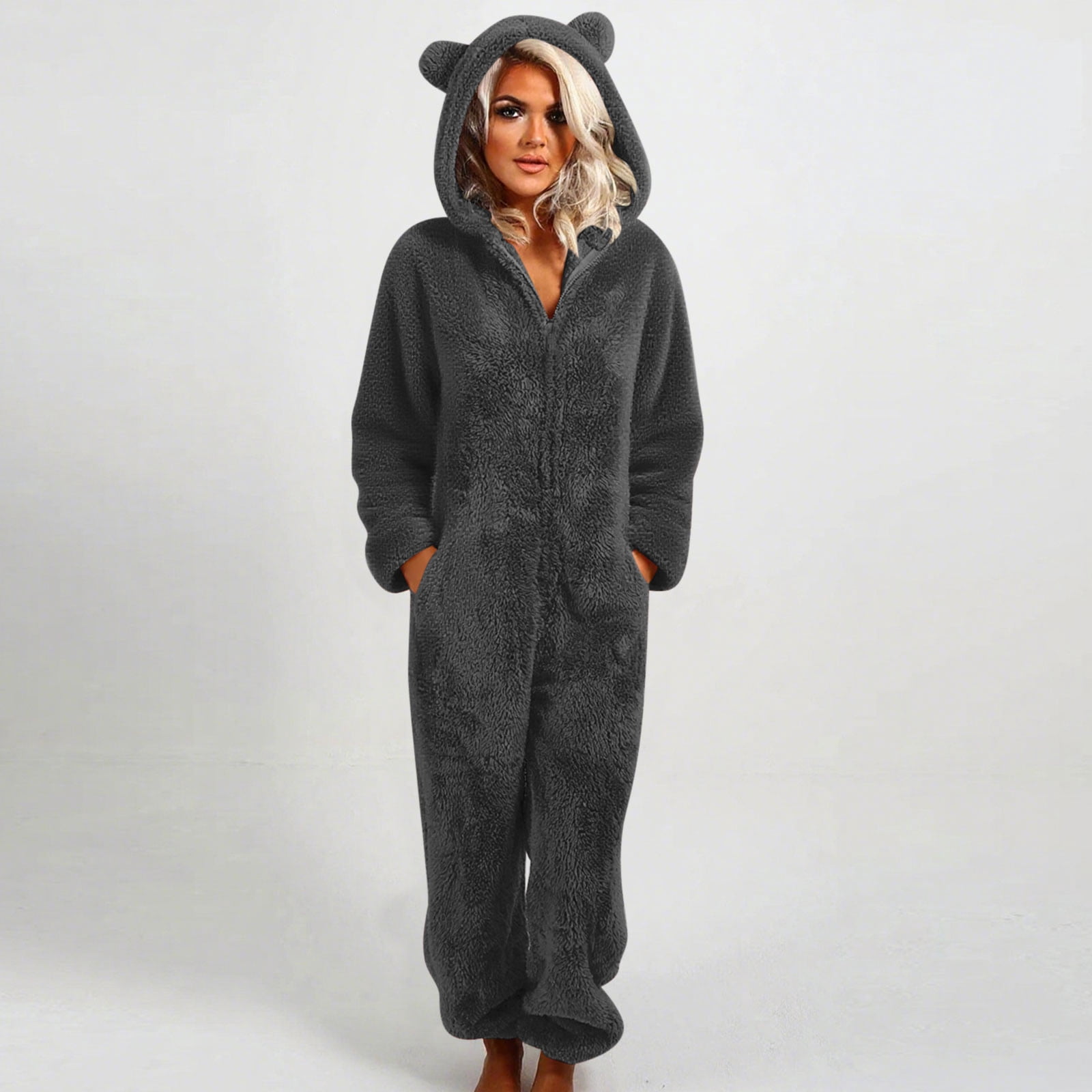 Handshe Womens Fleece Onesies Pajamas Jumpsuit Warm Sherpa Romper Sleepwear One Piece Zipper Hooded Playsuit Loungewear
