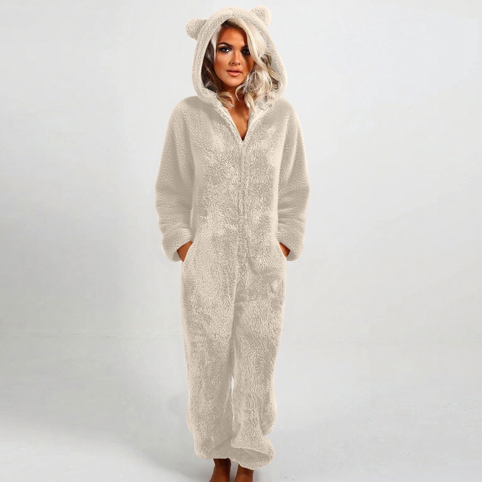Handshe Womens Fleece Onesies Pajamas Jumpsuit Warm Sherpa Romper Sleepwear One Piece Zipper Hooded Playsuit Loungewear