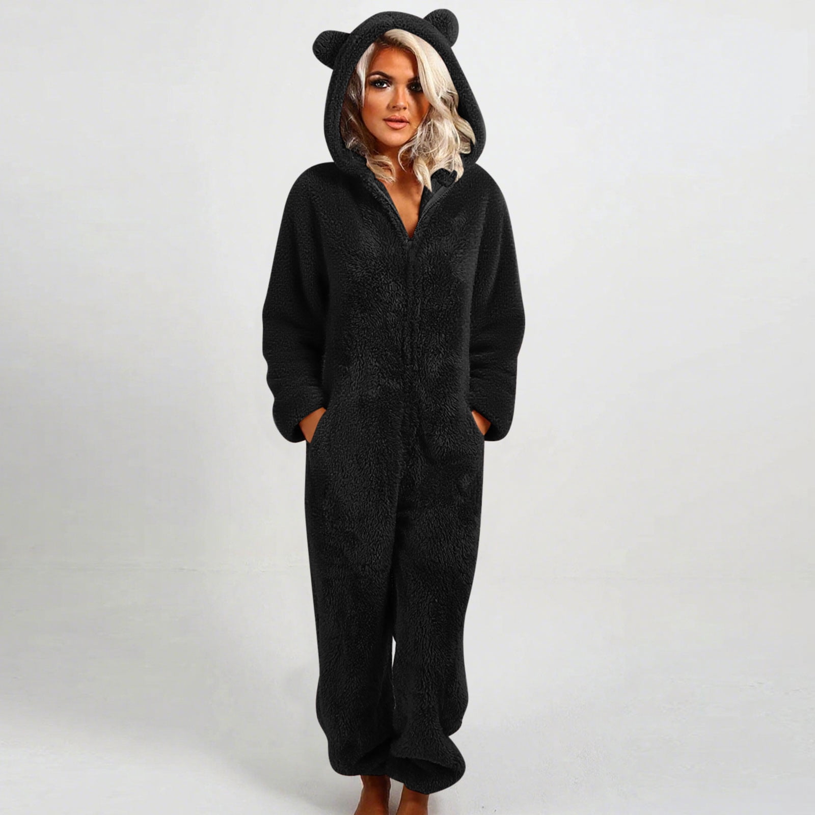 Handshe Womens Fleece Onesies Pajamas Jumpsuit Warm Sherpa Romper Sleepwear One Piece Zipper Hooded Playsuit Loungewear
