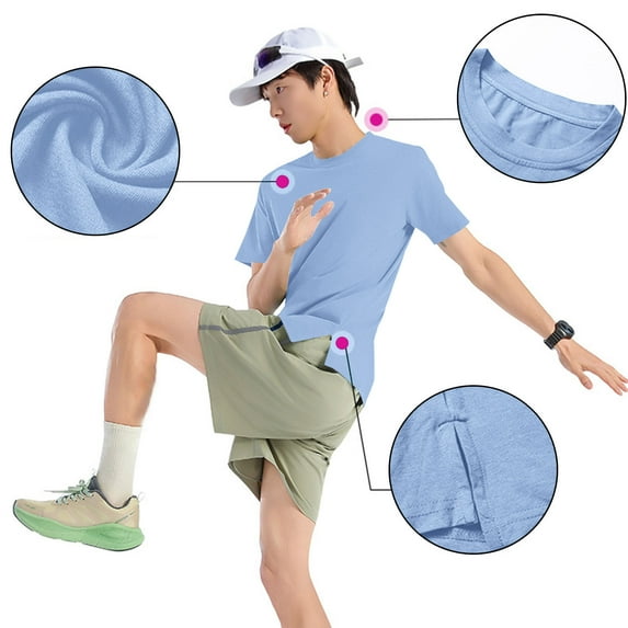 Handshe Workout Shirts for Men Quick Dry Athletic Short Sleeve T-Shirt Round Neck Solid Color Outdoor Running Pullover Tops