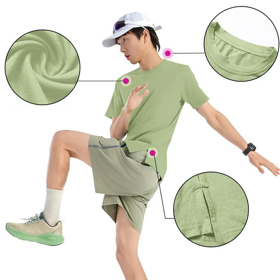 Handshe Workout Shirts for Men Quick Dry Athletic Short Sleeve T-Shirt Round Neck Solid Color Outdoor Running Pullover Tops