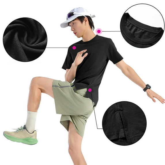 Handshe Workout Shirts for Men Quick Dry Athletic Short Sleeve T-Shirt Round Neck Solid Color Outdoor Running Pullover Tops