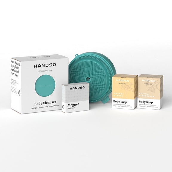 Handso 4-Piece Skincare Bath Set, Acqua Green Body Cleanser with 2 Vegan Bar Soaps and Magnetic holder