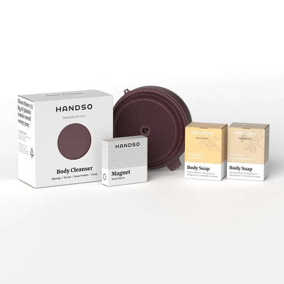 Handso 4-Piece Skincare Bath Set, Purple Plum Body Cleanser with 2 Vegan Bar Soaps and Magnetic holder